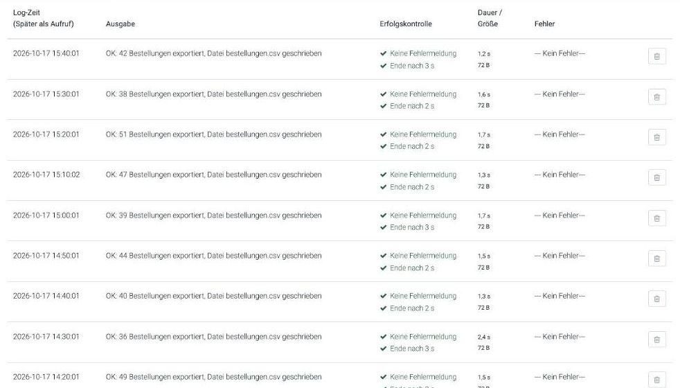 Call log with time, script output, success check, duration and error column