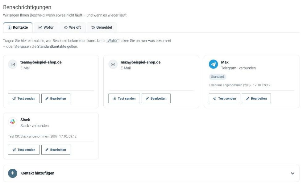 Notifications page with contacts for email, Telegram and Slack
