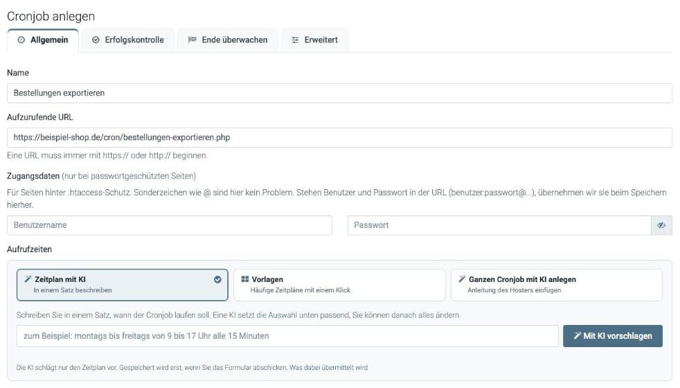 “Create cron job” form with name, address and the AI schedule input